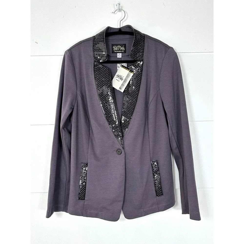 Bob Mackie Wearable Art QVC purple knit blazer black sequins womens M NWT‎